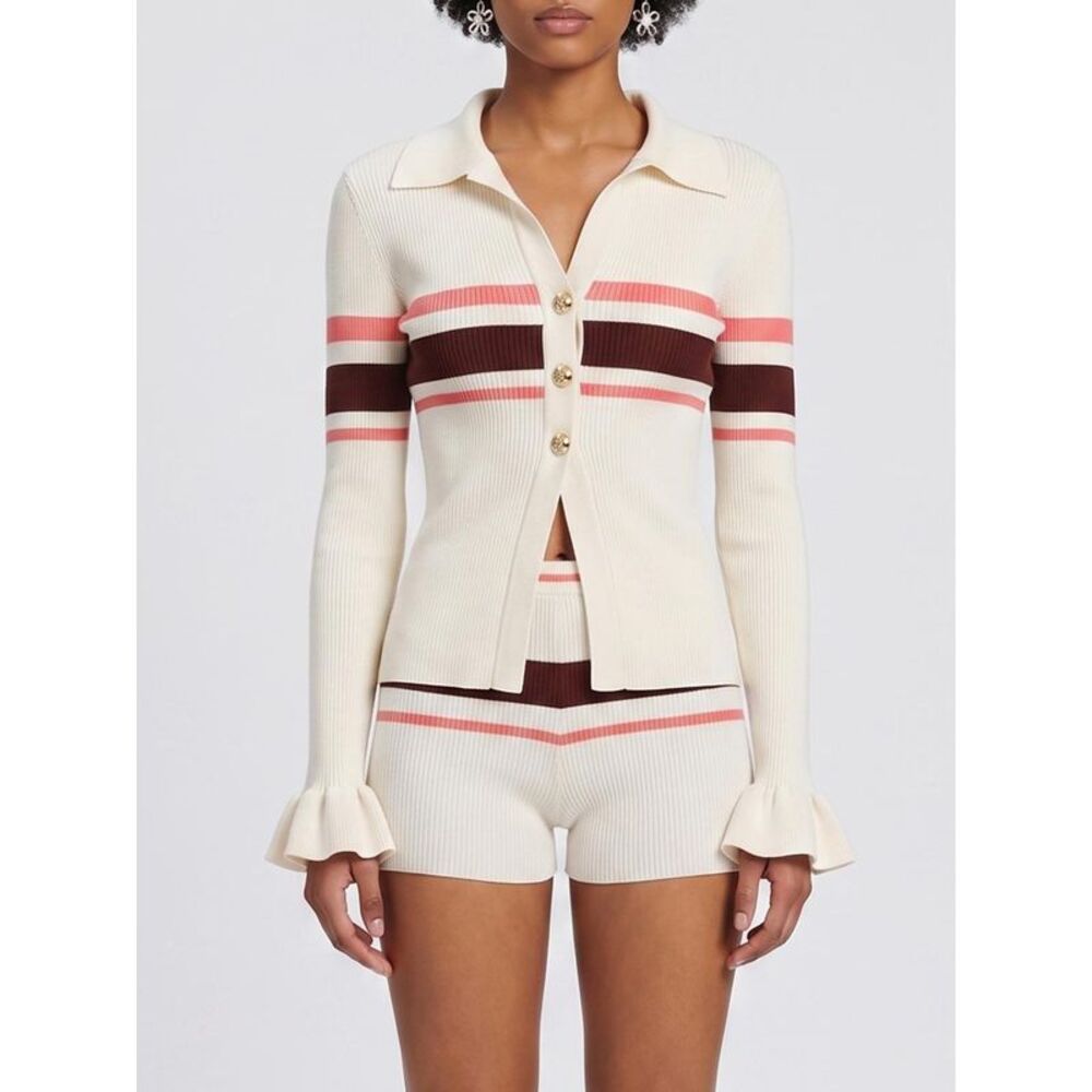 Self-Portrait Women Self-Portrait Striped Viscose Knit Polo Cardigan